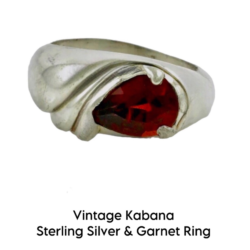 Vintage Kabana Garnet Ring 2Ct Teardrop Garnet, Sterling Silver Sz 8 EUC 👀VIDEO